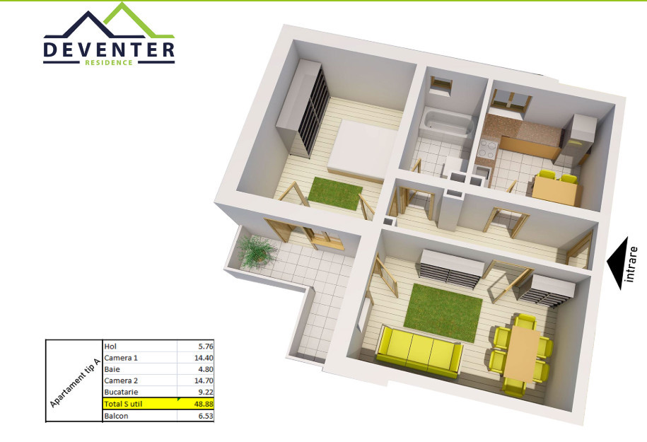 Apartament 2 camere - Etaj 1 - Cartier Deventer - INTABULAT